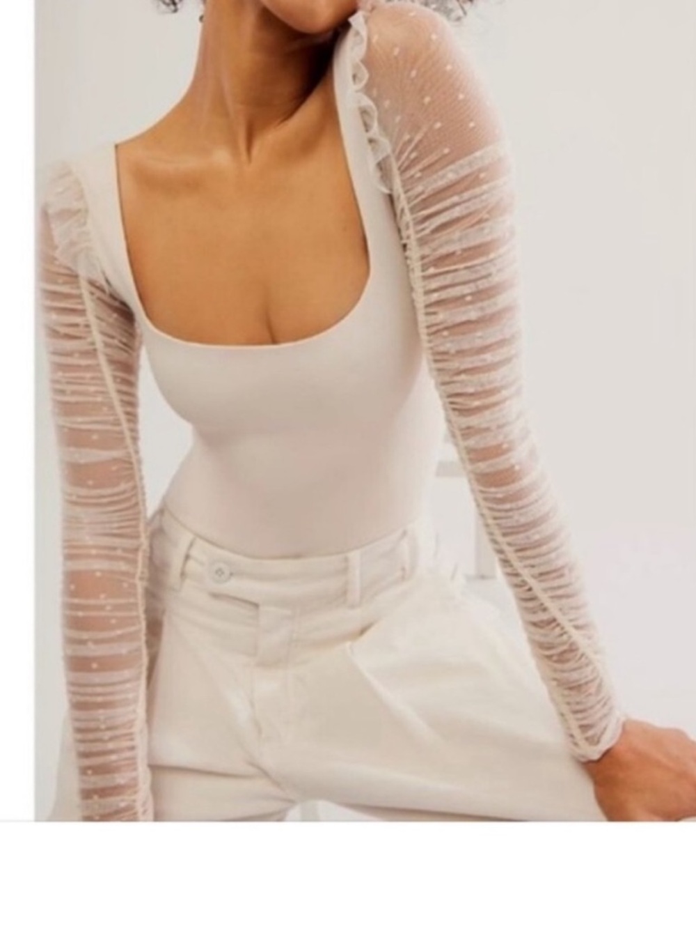 FREE PEOPLE MUST BE LOVE TULLE TRIM LONG SLEEVE BODYSUIT IVORY SP